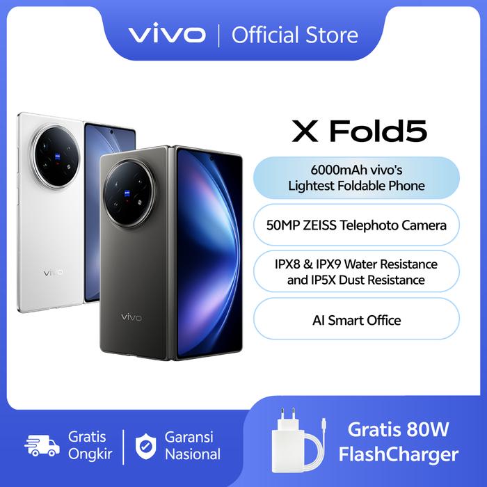 Gambar [NEW LAUNCH] vivo X Fold5 (16/512) - 6000mAh vivo's Lightest Foldable Phone, 80W FlashCharge, Zeiss Telephoto Camera, IPX8 & IPX9 Water Resistance, IPX5 Dust Resistance - 16+512, Feather White dari vivo Indonesia Kab. Tangerang Tokopedia