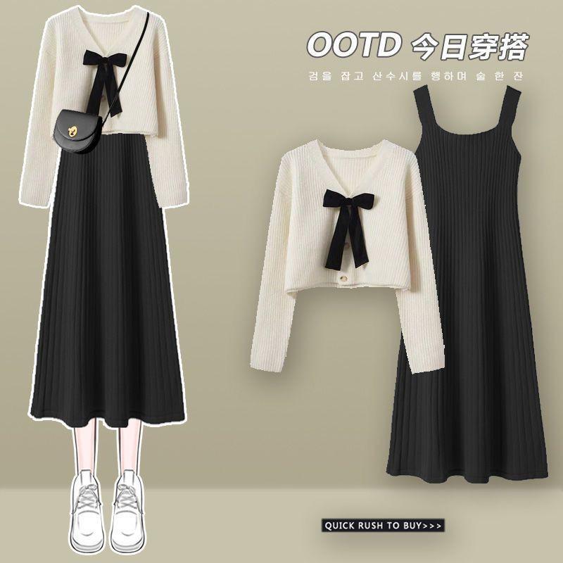 Product Introduction of Women's V-Neck Knitted Cardigan Sweater, Slim Joker Dress with Suspenders, Oversize, Autumn Suit, New, 2 Pcs, 2023 5