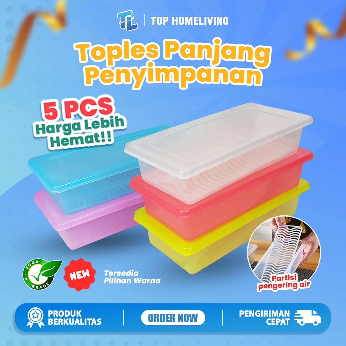 Set 5pcs Toples Food Grade dengan Tirisan Putih - Bebas BPA, Bisa Digunakan Dalam Microwave dan Freezer - Kulkas