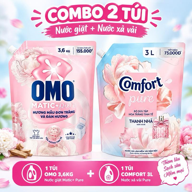 Combo 2 túi Nước giặt OMO Matic 3.6kg và Nước xả vải Comfort Pure 3L hương Mẫu đơn trắng và Hoa trắng thanh nhã