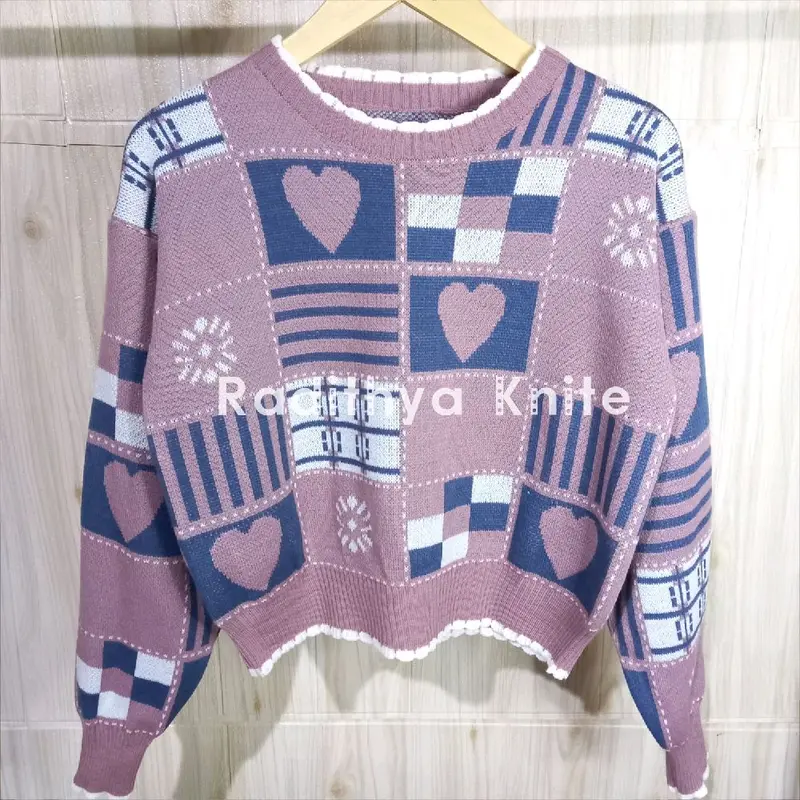 Sweater Korean Vintage - Motif Kotak-Kotak Jahitan Cinta Santai - Fit Knitwear -Korean Knite Fashion 4