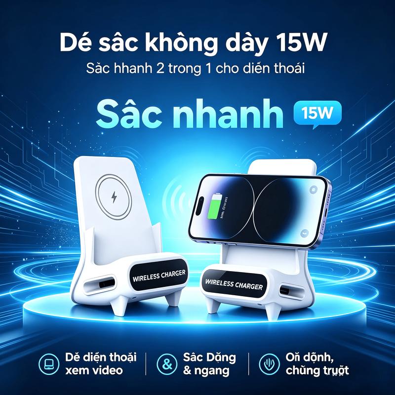 Đế sạc không dây 20W 3 trong 1 tích hợp loa khuếch đại âm thanh, giá đỡ điện thoại sạc nhanh Qi, ổn định để bàn cho iPho