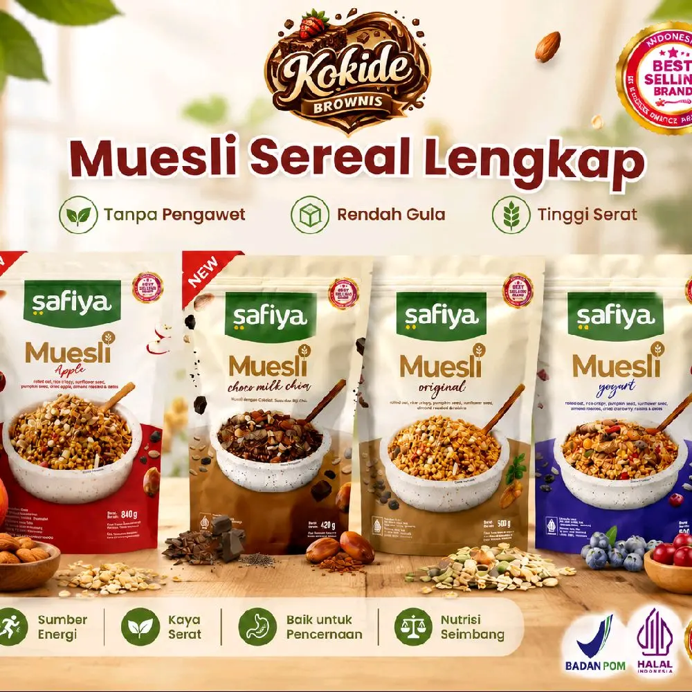 Safiya Muesli 1Kg Fruit & Seed Original Berry Yogurt Chocho Milk Chia Choco Apel Sereal Diet Granola Makanan Sehat Lezat