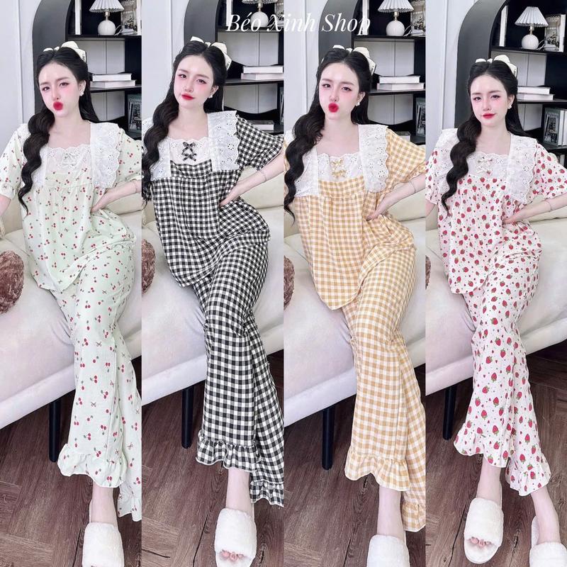 Đồ Bộ - Đồ Ngủ Quần Áo Vải Đũi Xốp Caro Cotton Tay Ngắn Quần Dài Pijama Bigsize 50-100kg Mặc Cực Thích Nữ Pants Lịch Quần Ngủ - A.5435