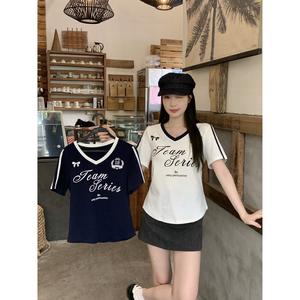 Kemeja-T Leher V Musim Panas, Saiz Besar, Gaya Amerika, Gadis Panas, Percetakan Surat, Warna Kontras, Atasan Pinggang-Cinch, Untuk Wanita, 64001