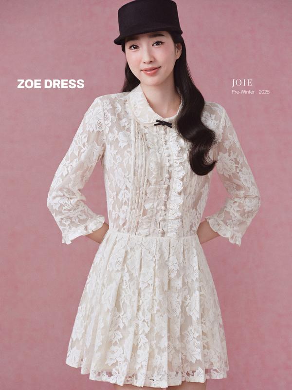 JOIE DES ROSES - Váy ren sơ mi cổ sen đính nơ da ZOE DRESS