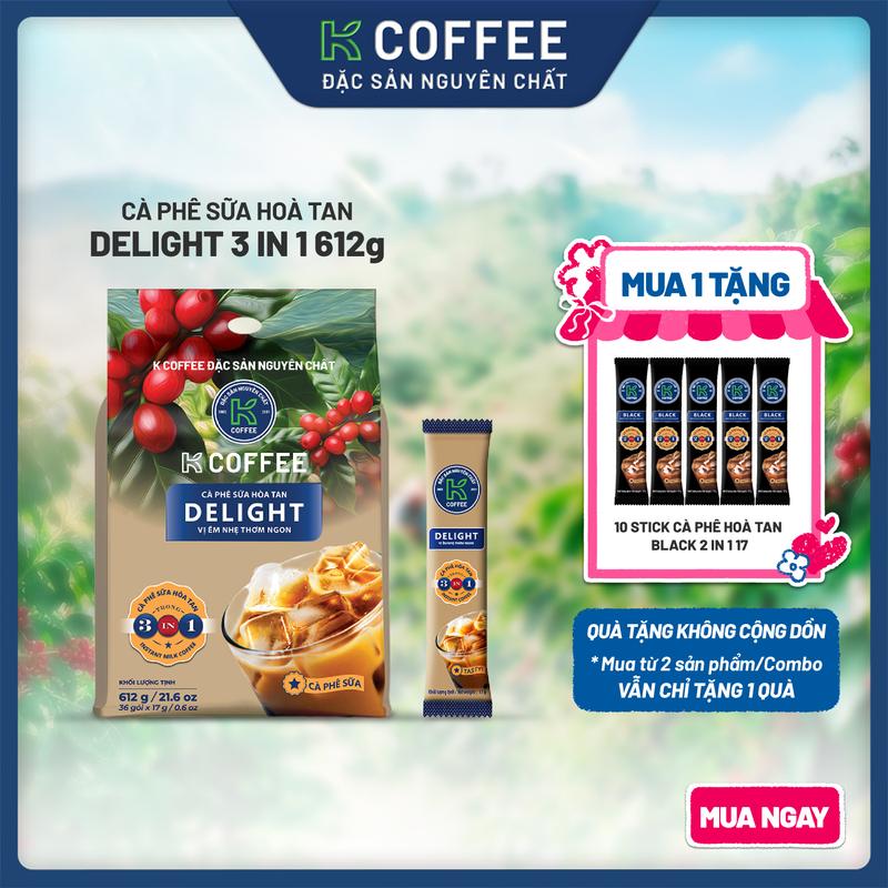 [TẶNG 10 GÓI ĐEN] Cà Phê Sữa Hòa Tan K Delight 3in1 612g (Túi 36 Gói x 17g) Vị Êm Nhẹ Thơm Ngon - Thương Hiệu K COFFEE