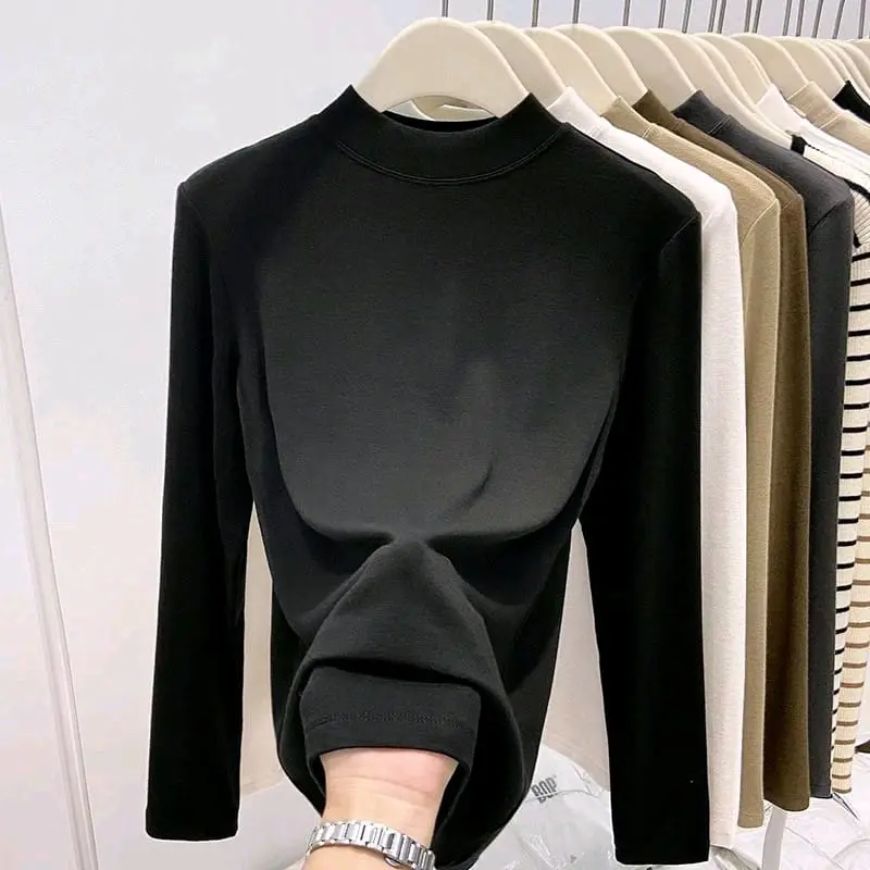 manset wanita lengan panjang / inner wanita Polos Lembut Hitam Basic Atasan Tangan Santai Katun Garis