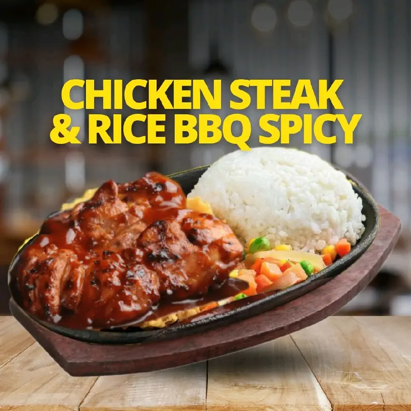 Chicken Steak dan Rice Bbq Spicy dengan taburan saus barbaque spicy yang super hot dan mengenyangkan bikin nagih 0