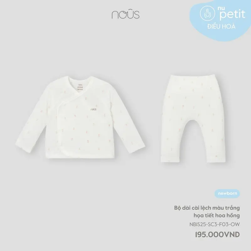 [Nous] Bộ sơ sinh  Nous, màu trắng họa tiết hoa hồng cho bé sơ sinh,size newborn, gồm mũ và bao tay, bao chân.Chất peptit mềm mát và thấm hút mồ hôi  tốt.