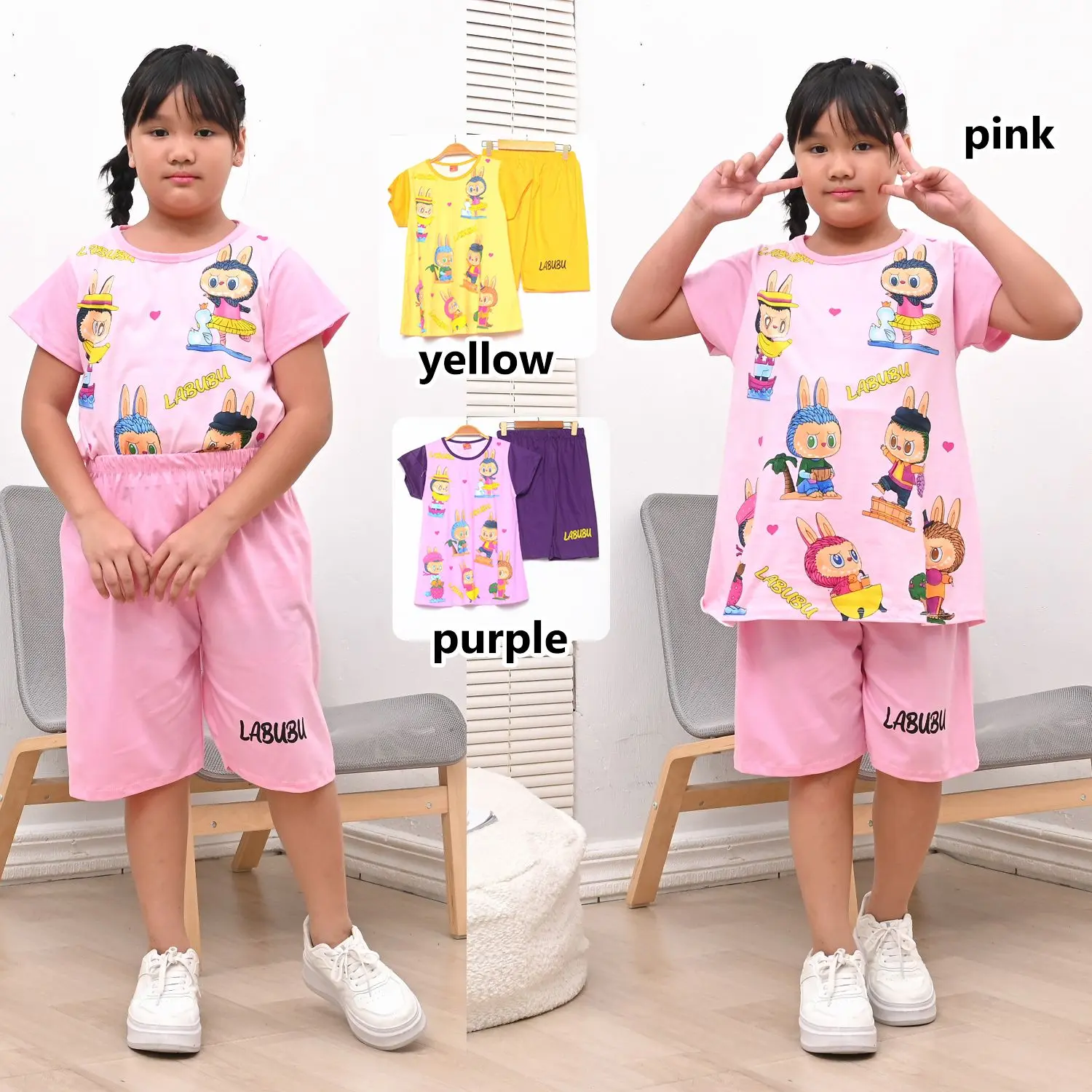 OK - SETELAN BAJU MAIN DAN HARIAN ANAK CEWEK/PEREMPUAN MOTIF LABUBU JUMBO 3-10 TAHUN BAHAN KATUN PREMIUM