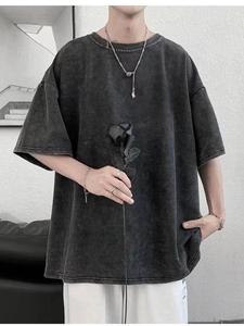 ウォッシュ加工ヴィンテージ 半袖Tシャツ、アメリカンレトロスタイル、ユニセックス夏トップス、メンズ＆レディースファッション
