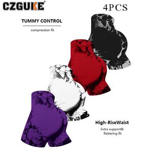 CZGUKE Conjunto de 4 Pzas para Mujer Pantalones Cortos Deportivos de Cintura Alta con Estampado Tie-Dye y Plisados Cómodos Transpirables y Sin Costuras Ajustados Aptos para Yoga Gimnasio y Ejercicio