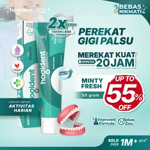Hogident Minty Fresh 50gr Krim Perekat Gigi Palsu Kuat 20 Jam Mencegah Bau Mulut Gusi Bengkak & Gigi Berlubang Untuk Perawatan Harian