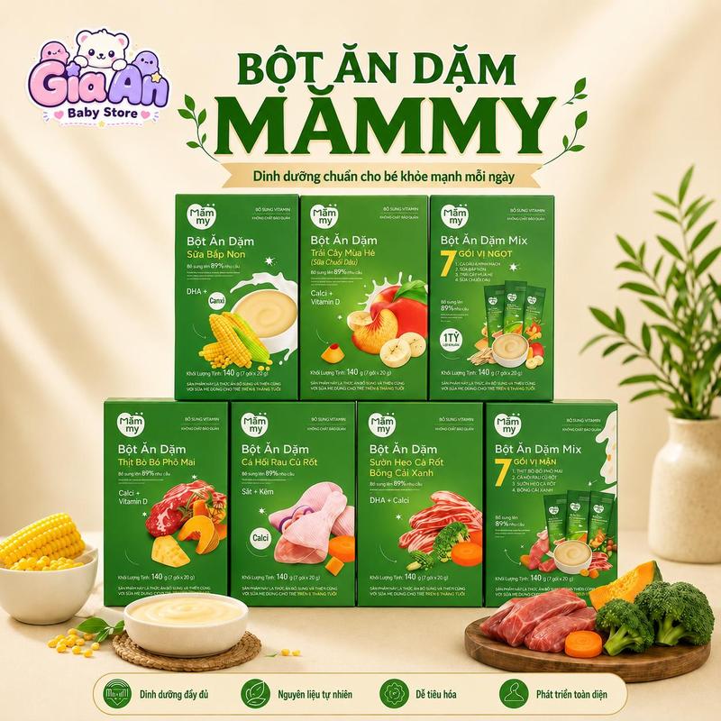 BỘT ĂN DẶM MĂMMY 140G – 7 GÓI × 20G, NHIỀU VỊ CHO BÉ TRÊN 6 THÁNG