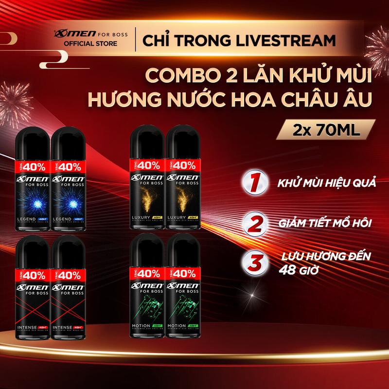 TĂNG 40% DUNG TÍCH Combo 2 Lăn khử mùi X-Men For Boss Intense Luxury Legend Motion 70ml chai - Hương nước hoa châu Âu