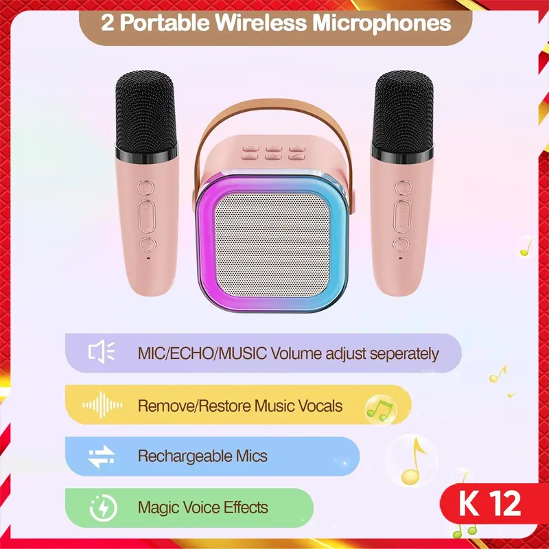 Mini Karaoke Set Speaker Bluetooth K12 LED Karaoke Super BASS Mic Microphone Wireless 1&2 1
