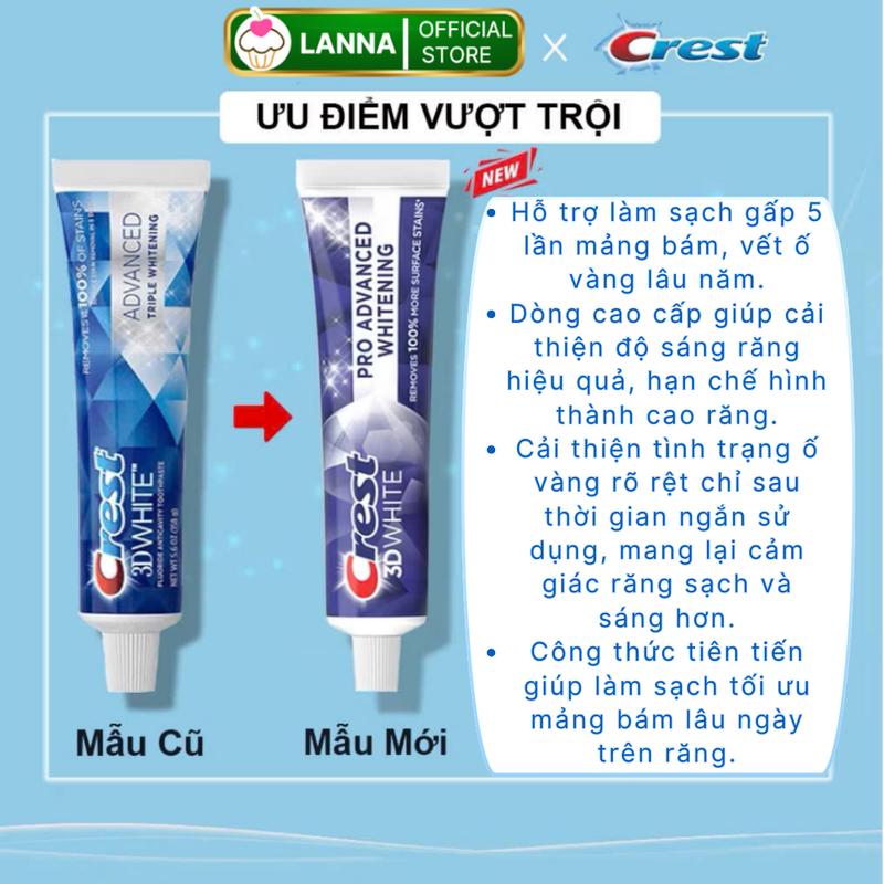 Kem Đánh Răng Crest 3D White Advanced 147g Mỹ – Làm Sạch Răng, Trắng Sáng Tự Nhiên, Giúp Thơm Miệng, Chăm Sóc Răng Miệng Cho Nam Nữ