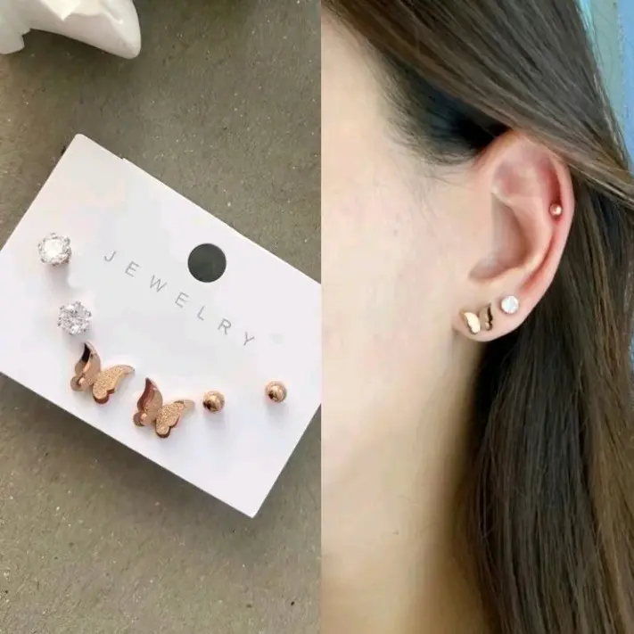 Anting Tusuk Titanium Wanita Terbaru 1 Set Isi 3 Pasang Anting Terlaris Wanita Anti Karat Anti Luntur