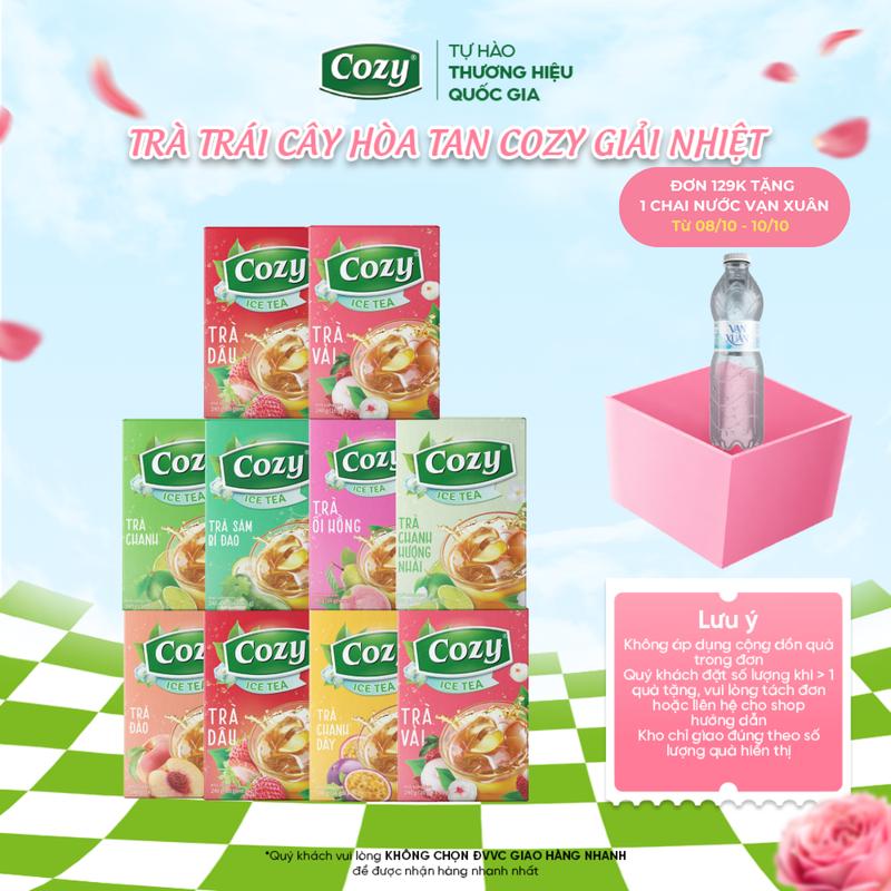 Trà Hòa Tan Cozy Các Vị Trái Cây Cozy Ice Tea, Trà Đào, Trà Chanh, Trà Vải, Trà Dâu, Trà Sâm Bí Đao, Trà Chanh Dây, Trà Ổi Hồng, Trà Chanh Hương Nhài, Trà Gừng, Trà Sữa Matcha Dừa, Trà Sữa Matcha Chuối, Trà Đào Không Đường Giải Khát, Thanh Nhiệt