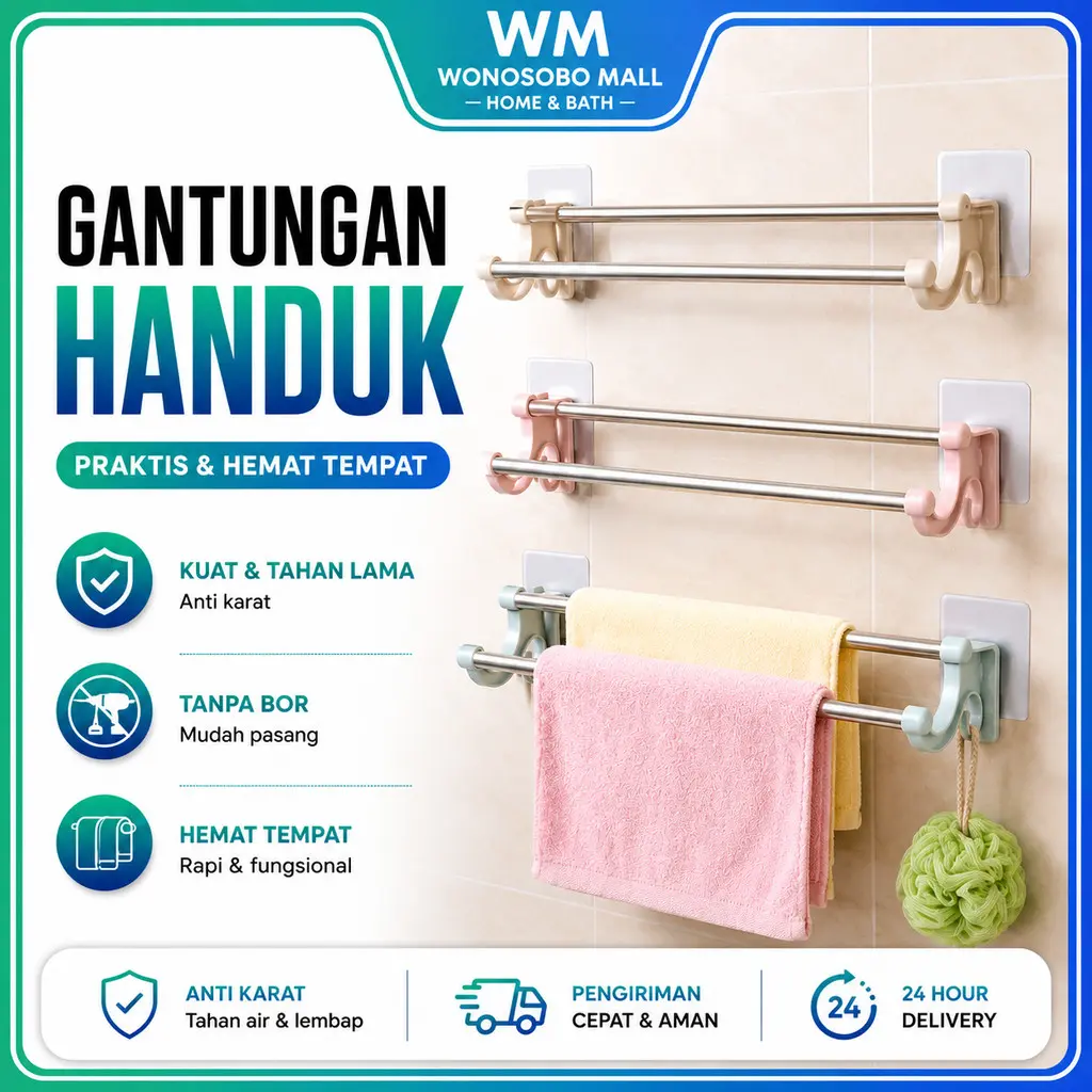 WM Gantungan Handuk Tempel Stainless Rak Toilet Kamar Mandi 2 Pipa Vacuum