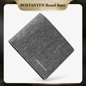 Bostanten Dompet Pria Kulit PU Pola Denim Gaya Muda Hitam/Biru