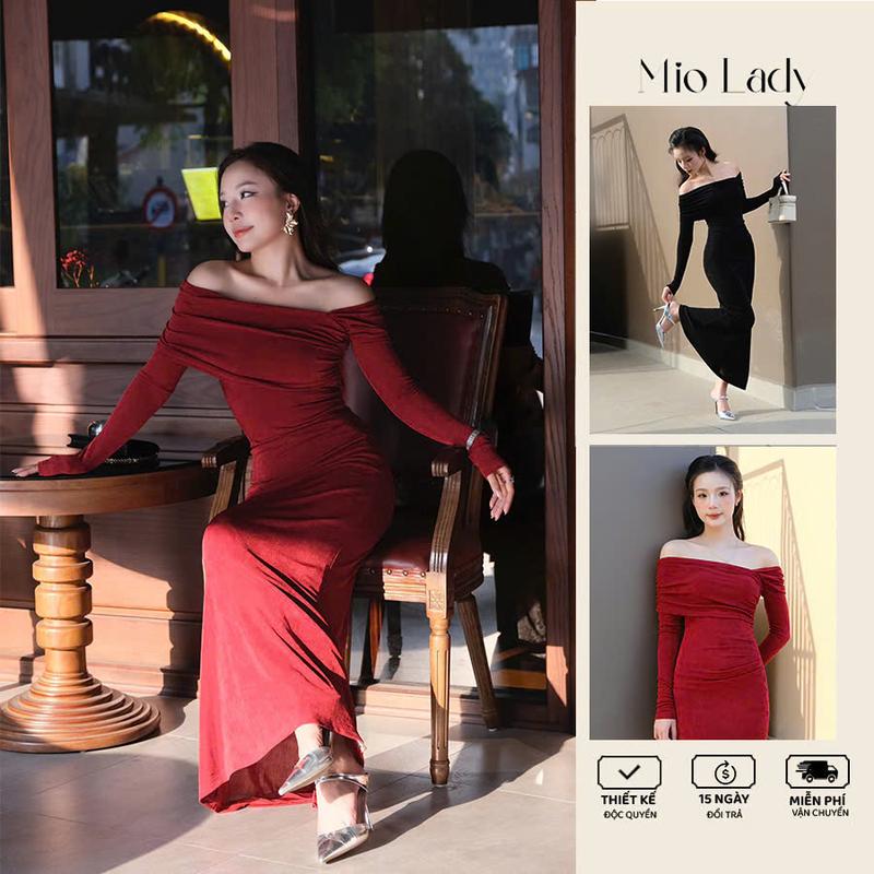  Miolady - Váy Body Tay Dài Trễ Vai Nhún Eo Tùng Đuôi Cá Chất Thun Nhũ Mềm Mịn Co Dãn Váy 2 Lớp Màu Đỏ Đen 