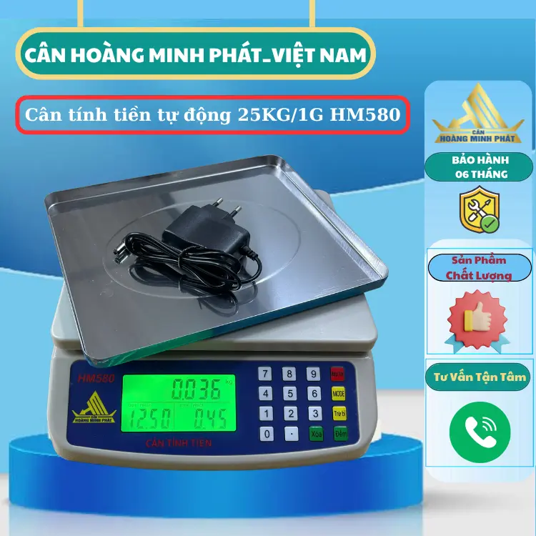 Cân điện tử 25kg tính tiền HM580. Mâm cân INOX 304 - kèm sạc. Thương hiệu CÂN HOÀNG MINH PHÁT