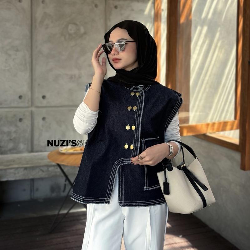 NUZI - Haein Vest Jeans Premium Kemeja Rompi Outer Wanita Atasan Oversized Woman Import Korean Style Shirt Stripe Sleveless 4