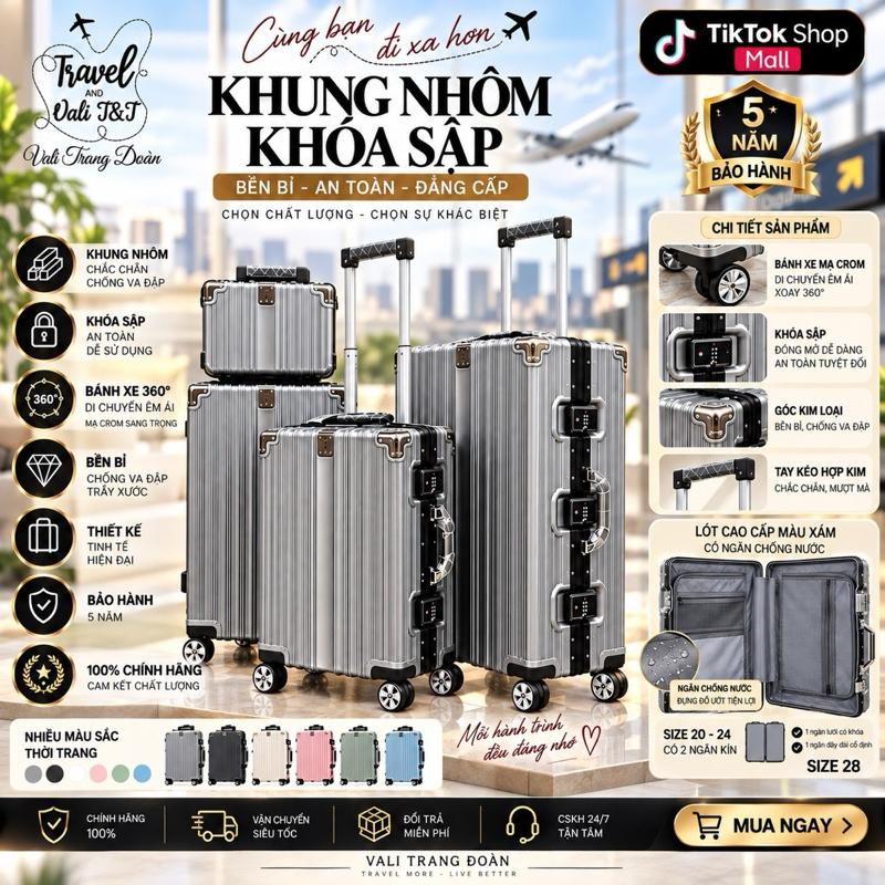 Vali Trang Đoàn TĐ93 Khung Nhôm -2 Khoá Kín,Có Ngăn Chống Nước, Size 24 có 2 khoá, Size 28 Chỉ Có 1 ngăn kín Kèm Dây Đai tăng tối đa diện tích lưu trữ. BH 5 Năm. Nhựa PC Cao Cấp, Bánh Xe Xoay 360° Siêu Êm -TĐ93