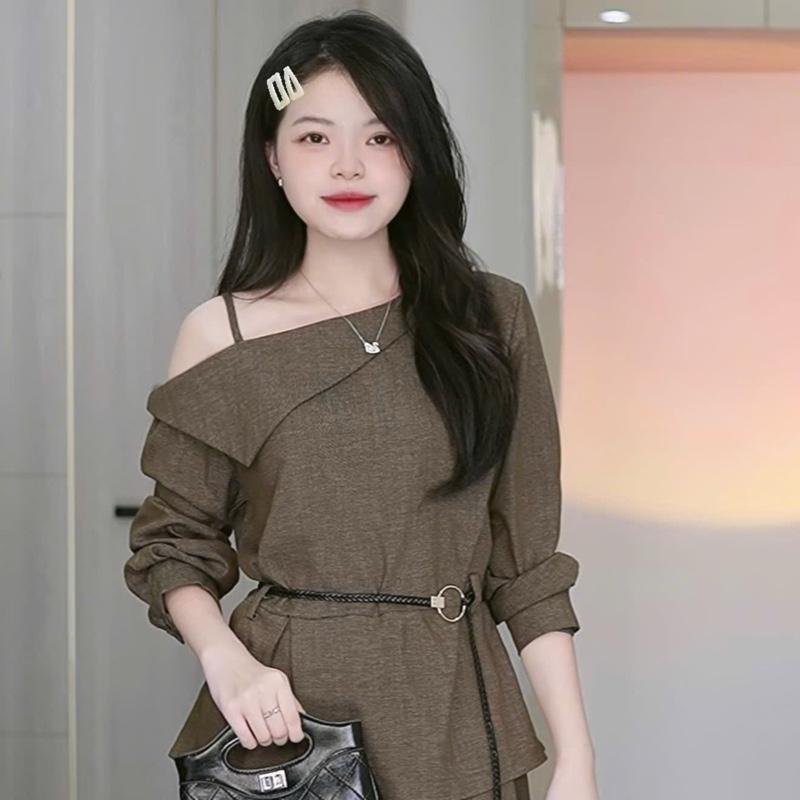    KÈM ĐAI NGẪU NHIÊN  Set Bộ Áo Lệch Vai Có Tăng Giảm Mix Quần Dài Dáng Xuông - Hân Linh shop 