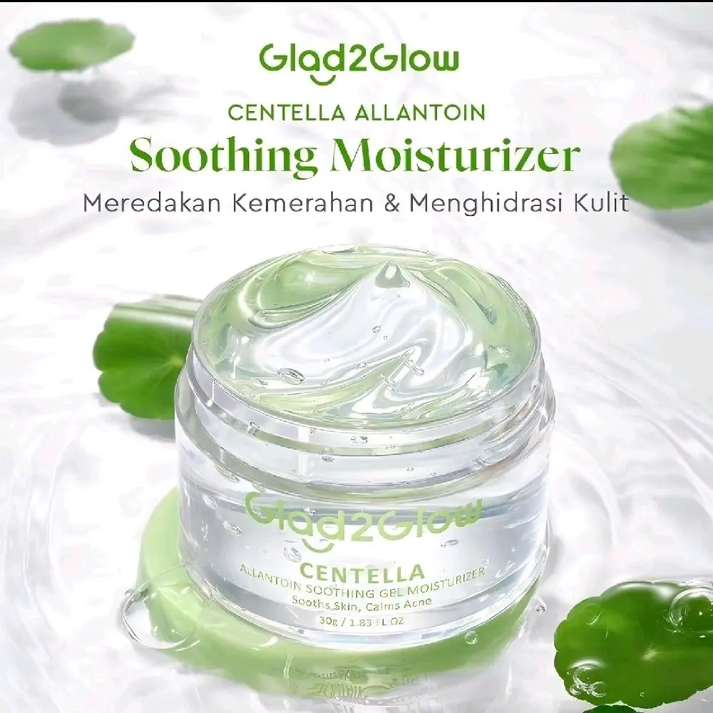 Glad2Glow Gel Moisturizer Centella Allantoin Soothing 30g Berjerawat Wajah Acne care Calming Cooling Soothing Lactic Pelembab Acid Hyaluronic Beruntusan Perawatan Hitam Berminyak Hydrating G2G Skincare Beauty Mencerahkan Bruntusan moist hijau