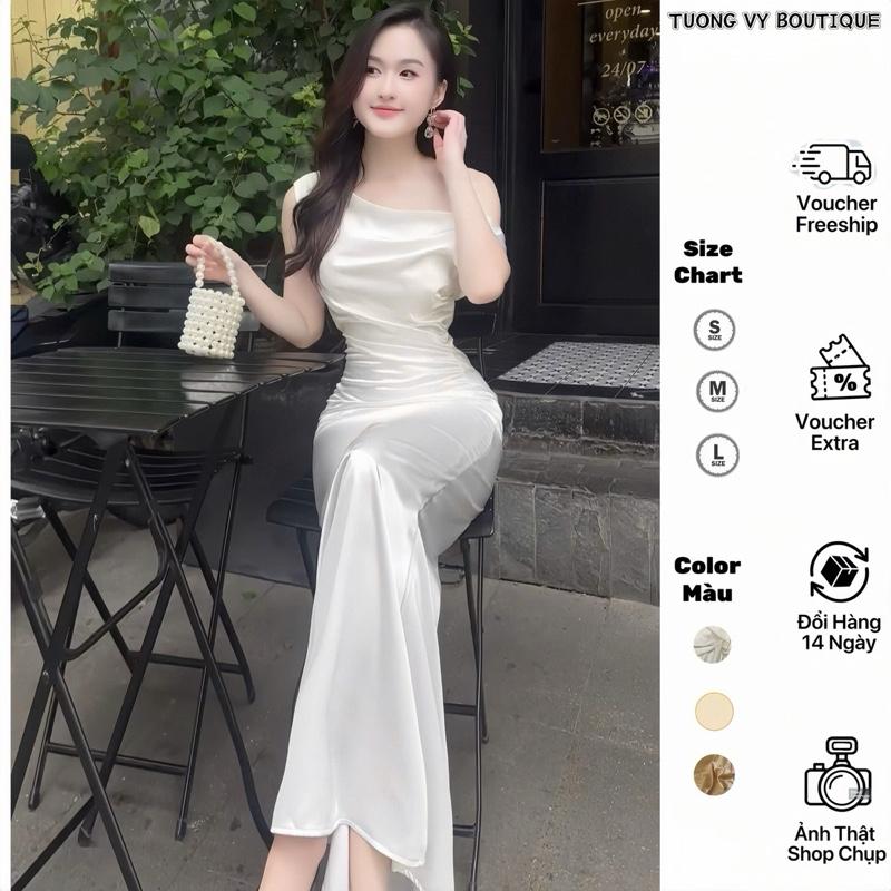 Váy Lụa Lệch Vai Dáng Dài Nhấn Eo Có Mút Mặc Đuọc Nhiều Kiểu Phong Cách Sang Trọng Nhẹ Nhàng Dành Cho Nữ Đi Tiệc Dress Women Voi - XS258 Sen