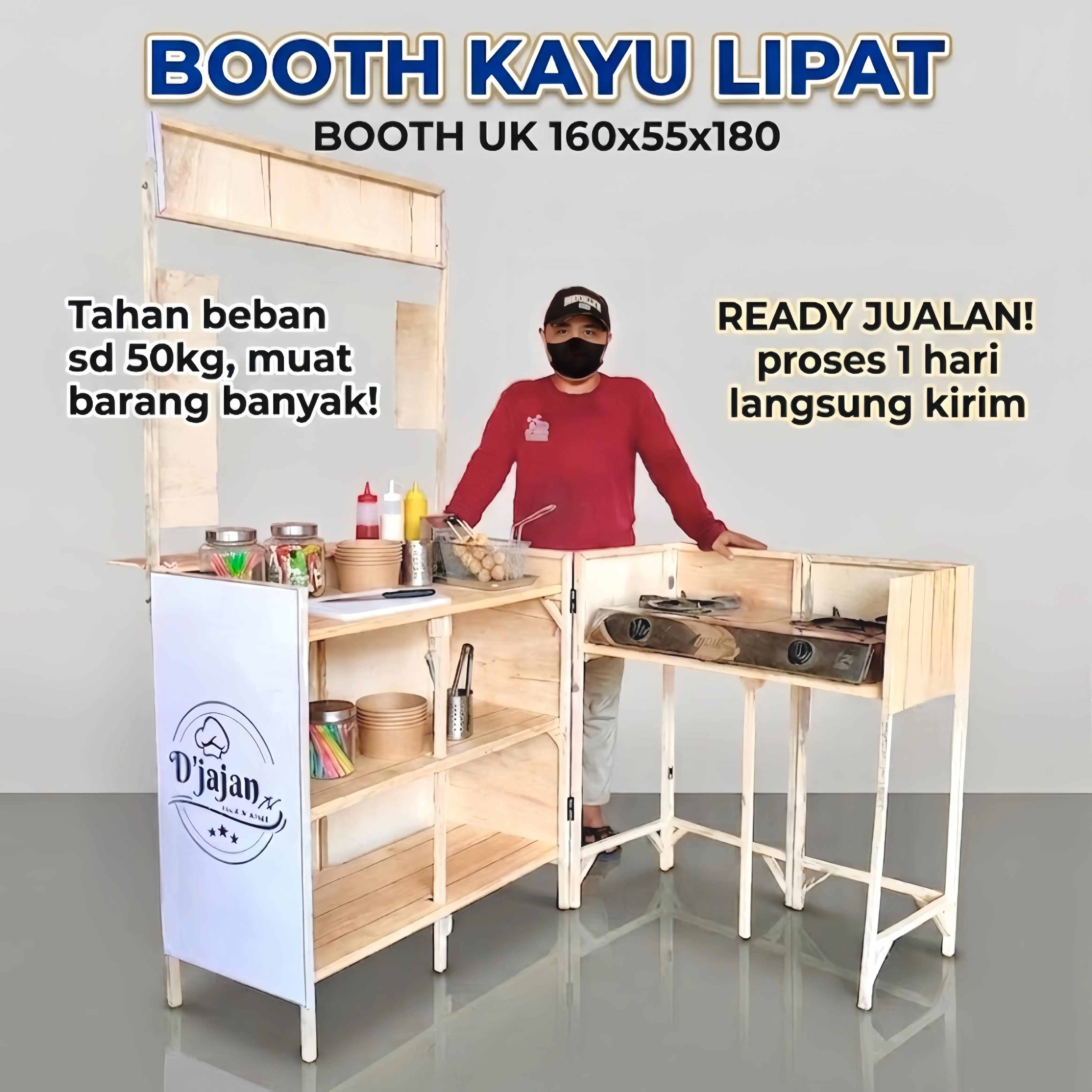 Booth Portable Lipat Murah / Gerobak Jualan Praktis / Meja Lipat Usaha Kuliner / Meja Kompor 2 tungku / Rak Depan.