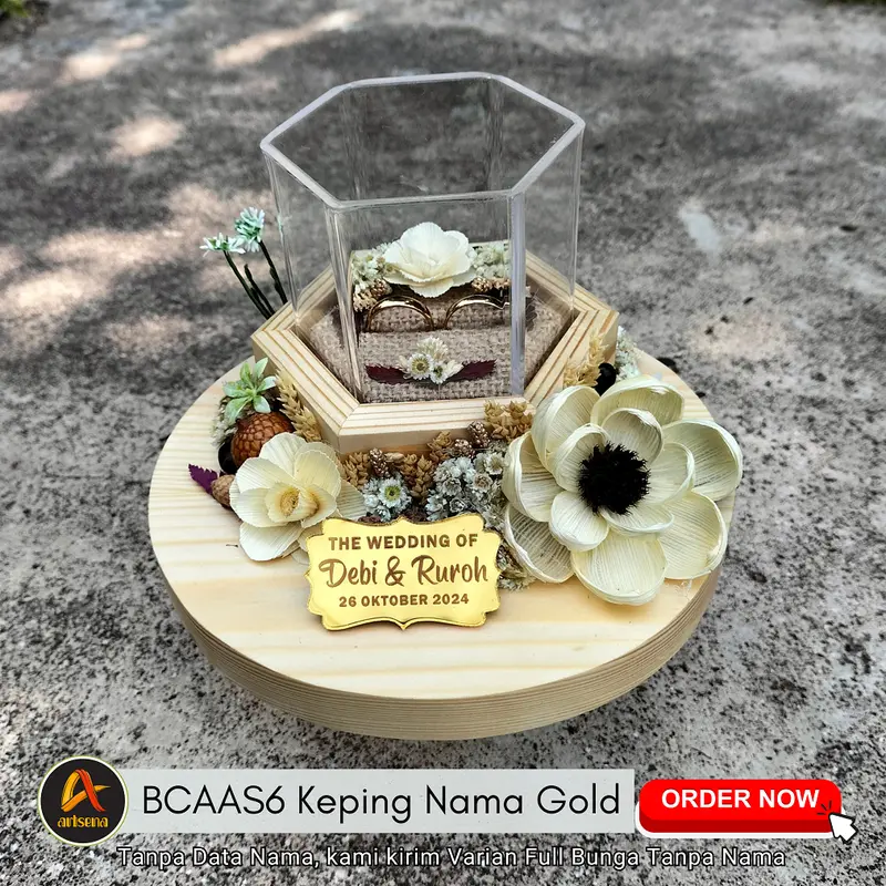 Kotak Cincin Mini Pernikahan Model Segi-6 Desain Rustic Custom Nama Mempelai dan Tanggal 3