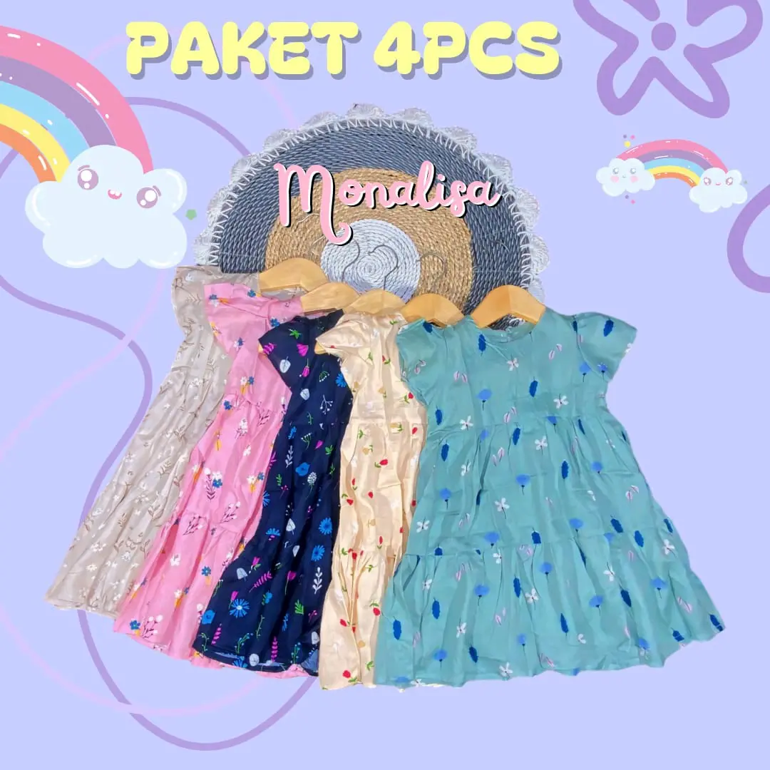 PAKET 4 PCS DRES MONALISA usia 0-6 th dres anak prempuan dres rayon dres bayi dres harian Perempuan