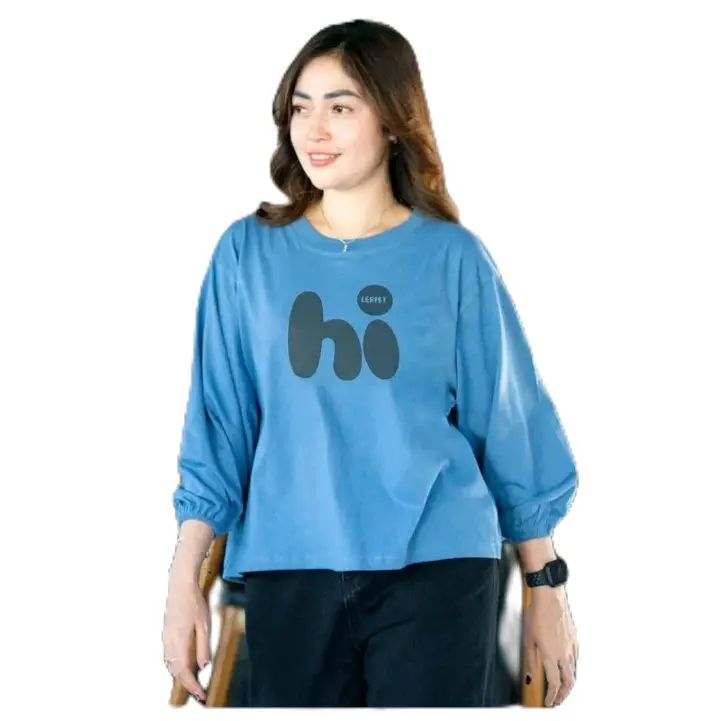 KAOS LENGAN PANJANG MOTIF HI                    -atasan wanita T-shirt Blouse with say Hi t-shirt opersize Baju crop top casual lerist 2