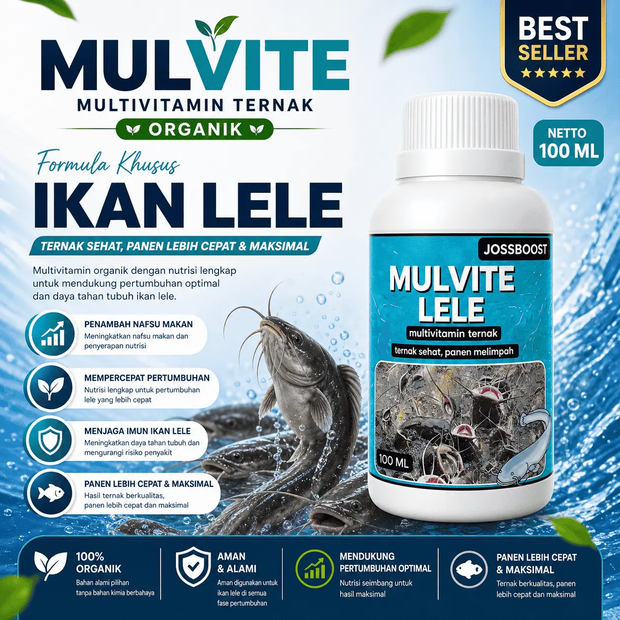 MULVITE IKAN LELE, VITAMIN Ikan Lele Agara Cepat Besar 100  Ml Probiotik Pemacu Pertumbuhan Ikan Lele Vitamin Pemacu Tumbuh Besar