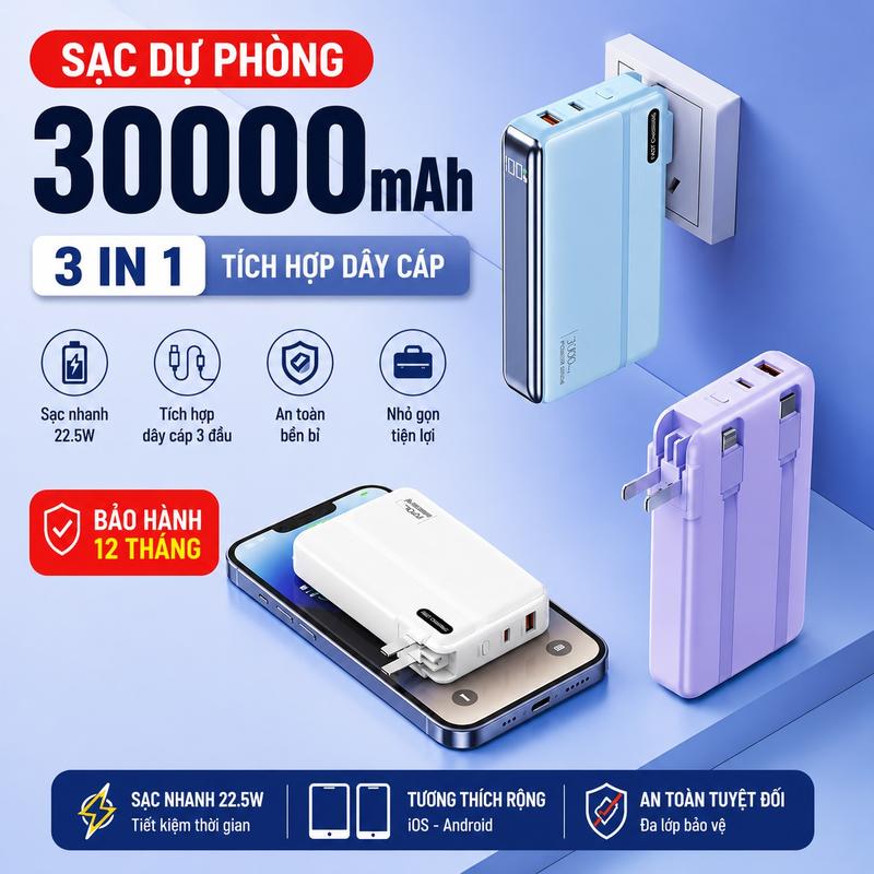 Sạc Dự Phòng 30000mAh 22.5W Tích Hợp 2 Dây Sạc Nhanh Lightning & Type-C Màn Hình Hiện Thị Pin 4 Cổng Ra USB-A USB-C PD Dung Lượng 37Wh Bảo Vệ 7S