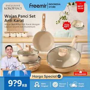 [XCLSV Kokopanci PO 12 Apr] freemir Set 4 Pcs Double Botttom Wajan Perlengkapan Masak Anti Lengket Lengkap Wajan Panci Penggorengan Beige Tutup Kaca Kitchenware