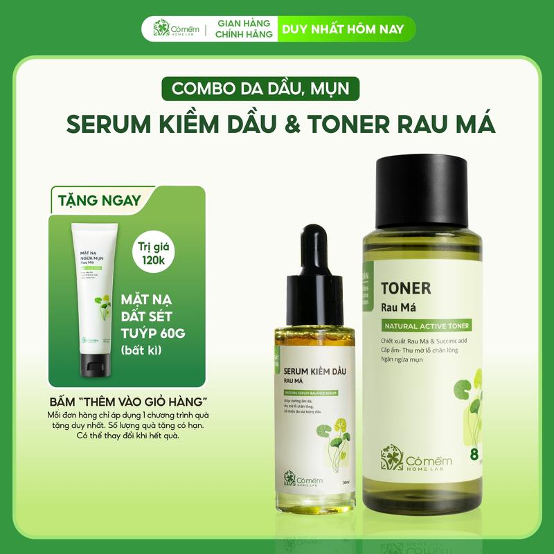 Combo Thu Mờ Lỗ Chân Lông Ngăn Ngừa Mụn Serum Và Toner Rau má Cỏ Mềm 180ml