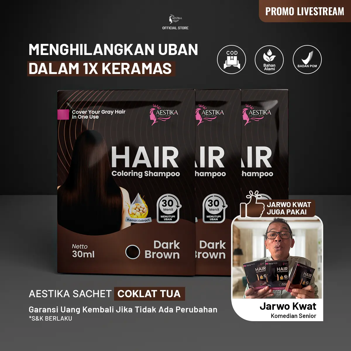 {Sachet} Aestika Hair Coloring Shampoo Dark Brown - Shampoo penutup uban 1 Box isi 3 Sachet (Coklat Gelap)