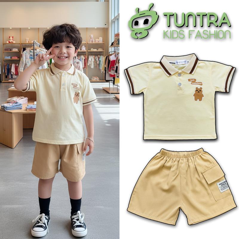  Bộ Quần Áo Bé Trai TUNTRA in Hình Gấu – Áo Polo Cotton Co Giãn 4 Chiều + Quần Kaki 8–30kg 