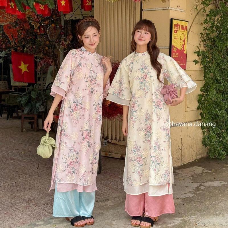   HAVANA  CÓ BIGSIZE - Áo dài CÁT TIÊN thô boil in hoa tay loe 2 lớp đính cúc ngọc trai kèm quần lụa satin có khóa kéo AD180 
