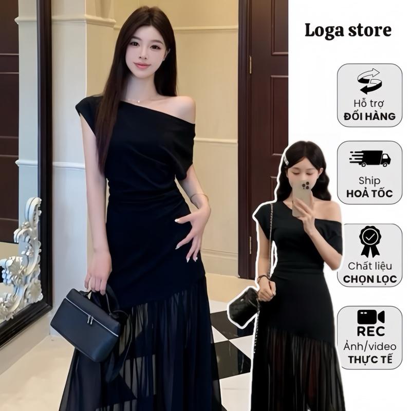 Đầm body lệch vai phối tơ, váy dự tiệc dáng dài sang chảnh Logastore_L198
