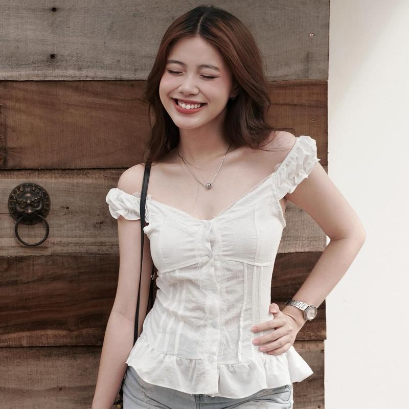 Áo Babydoll Kiểu Xinh Nữ Vạt Xòe Phối Cúc Bọc Vải Mùa Hè SS2025 - KA534