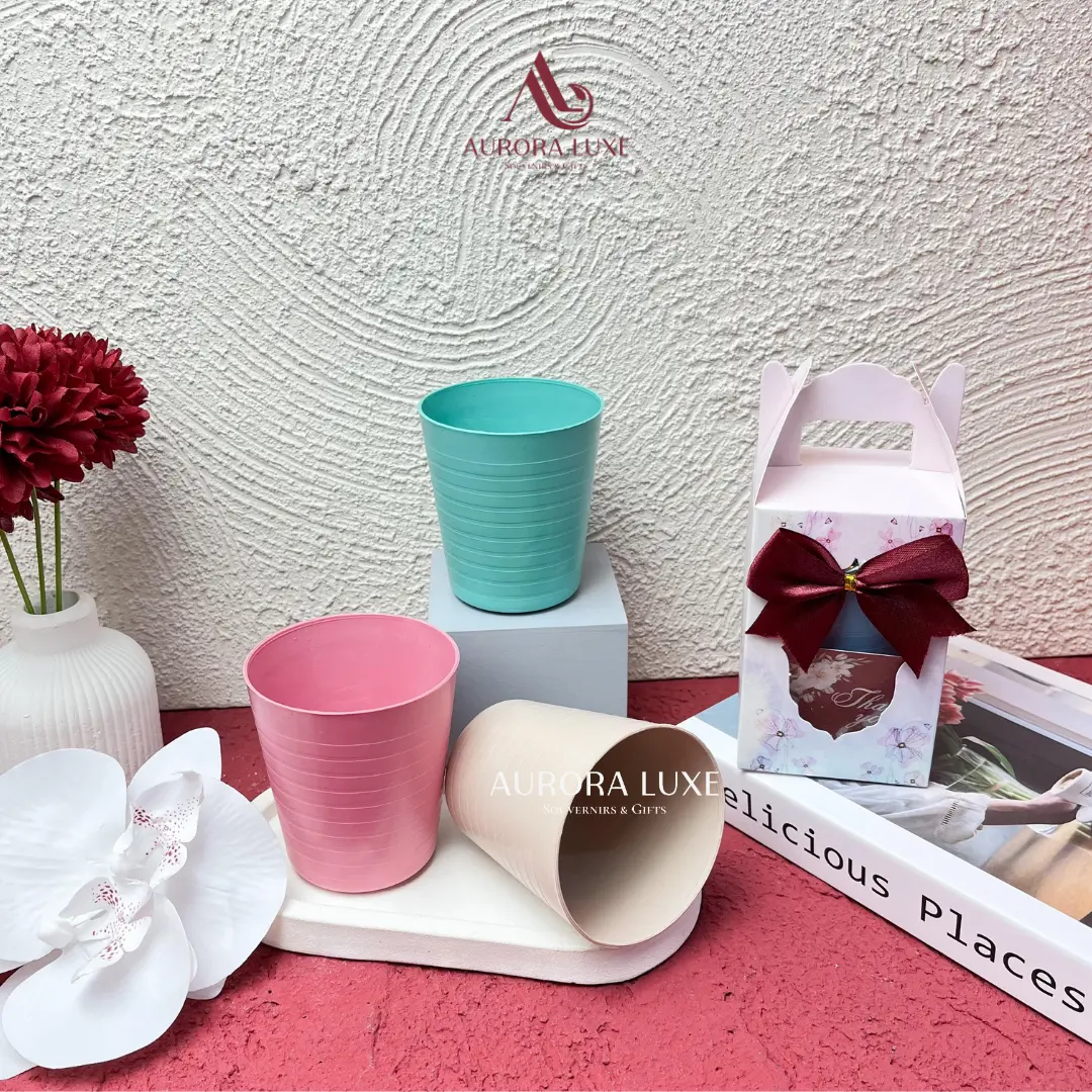Souvenir Nikah & Khitanan Gelas Lokal Plastik KW 2 Kemas Box Flower dan Pita Cantik Gelas Viral Plastik