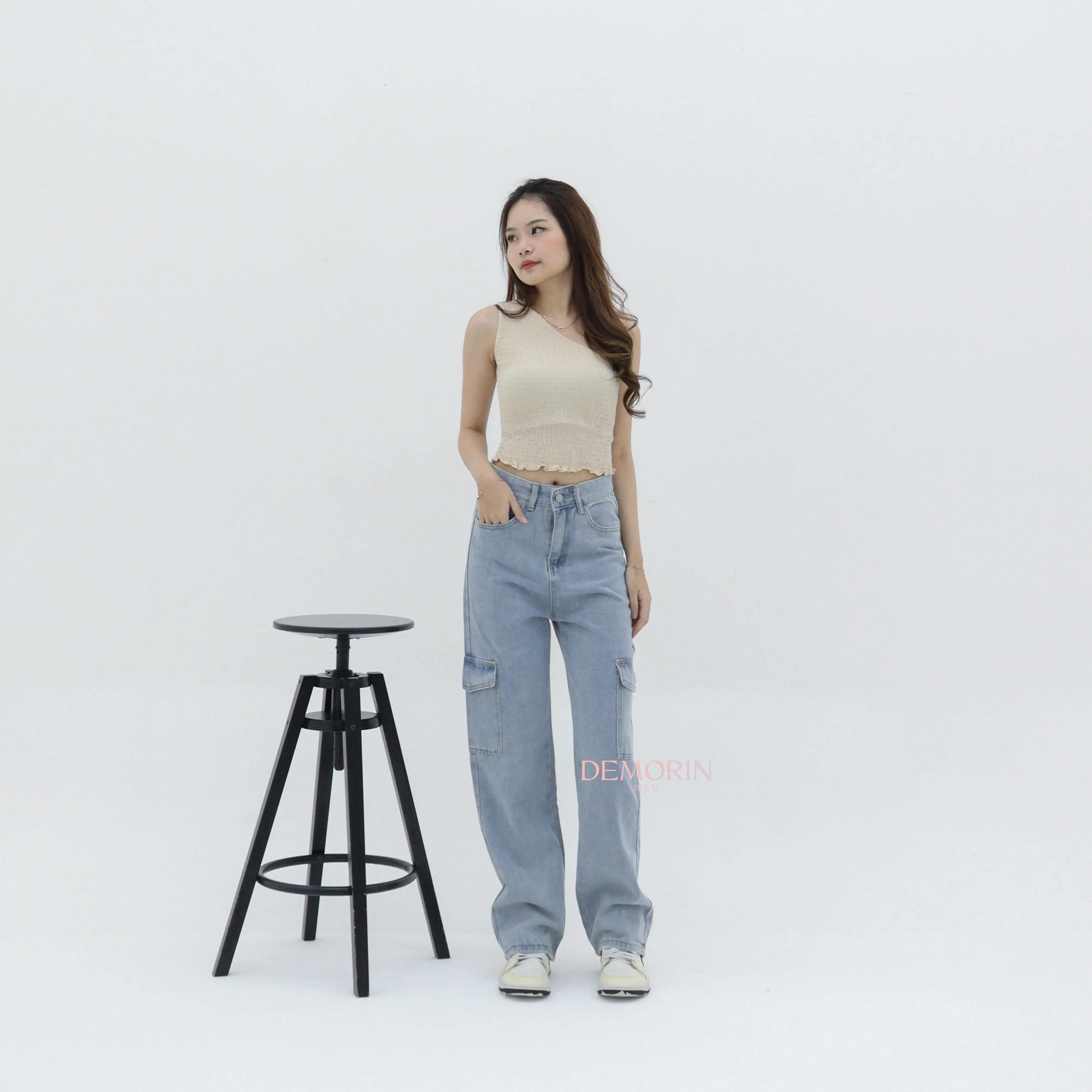 COD X56 Demorin Celana Panjang Jeans Pakaian Wanita Cargo Jeans High Waist Straight Jeans Loose Kantong Korean Cargo Pants