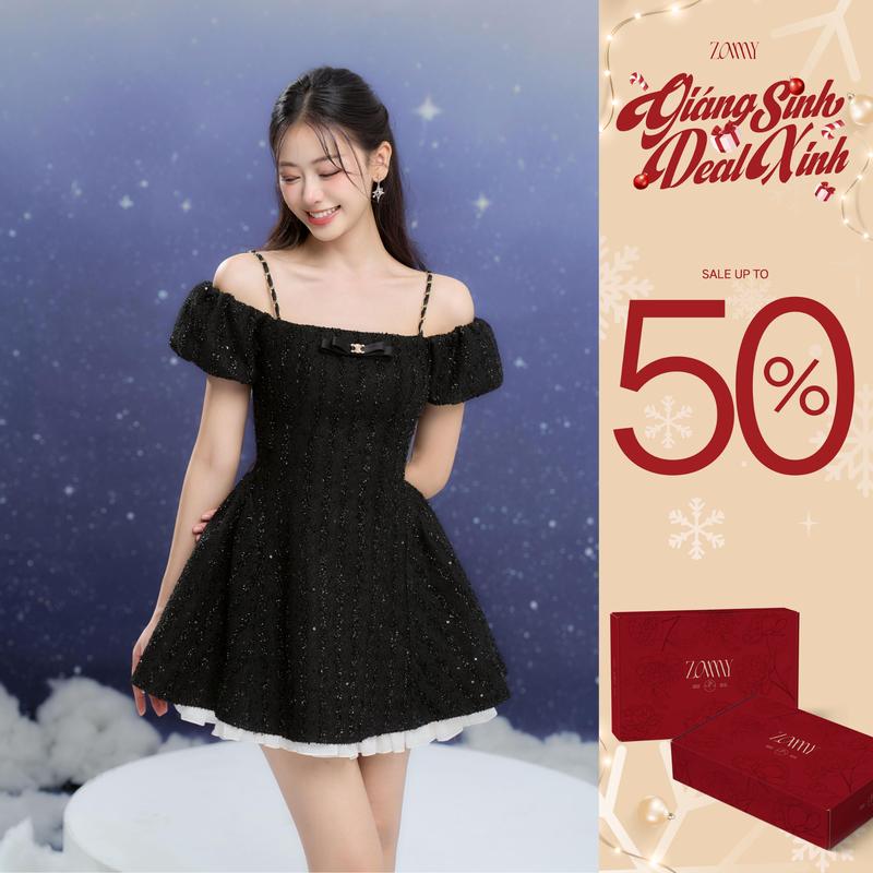  ZAMYSHOP - Váy thiết kế dạ bông dây xích vai đính nơ ngực cách điệu váy đi tiệc sang trọng tiểu thư 