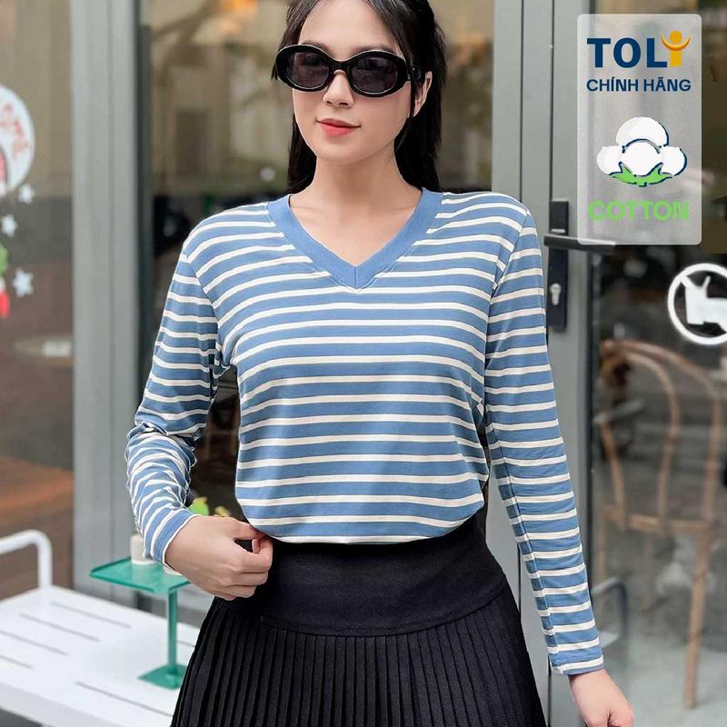  Áo thun tay dài nữ TOLI cổ tim màu sọc form vừa dáng vải cotton 4 chiều mềm mịn - LHV32 Top Women 
